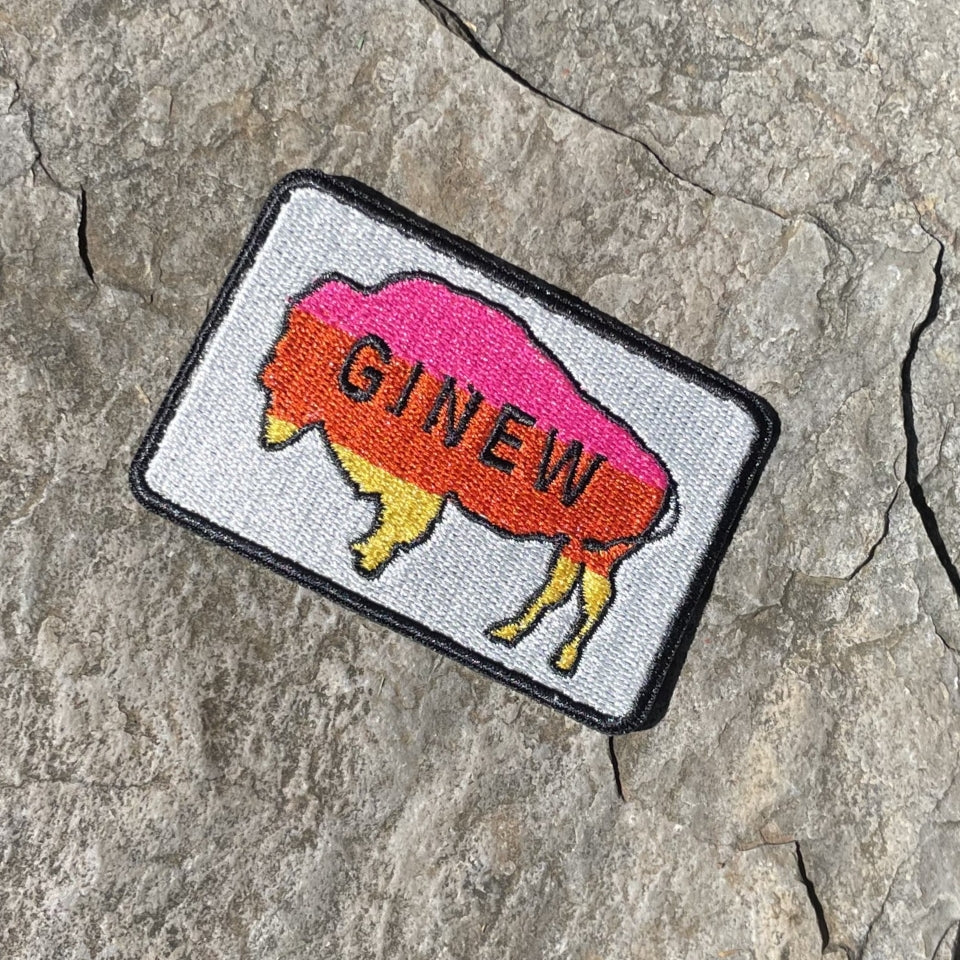 Indigenous Native American Buffalo Patch with metallic background and pink, orange, yellow buffalo 