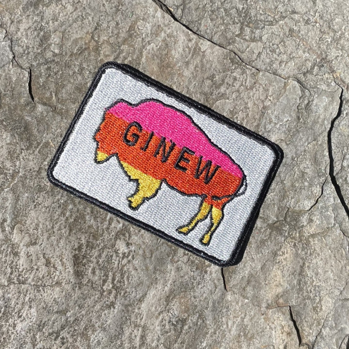 Indigenous Native American Buffalo Patch with metallic background and pink, orange, yellow buffalo 