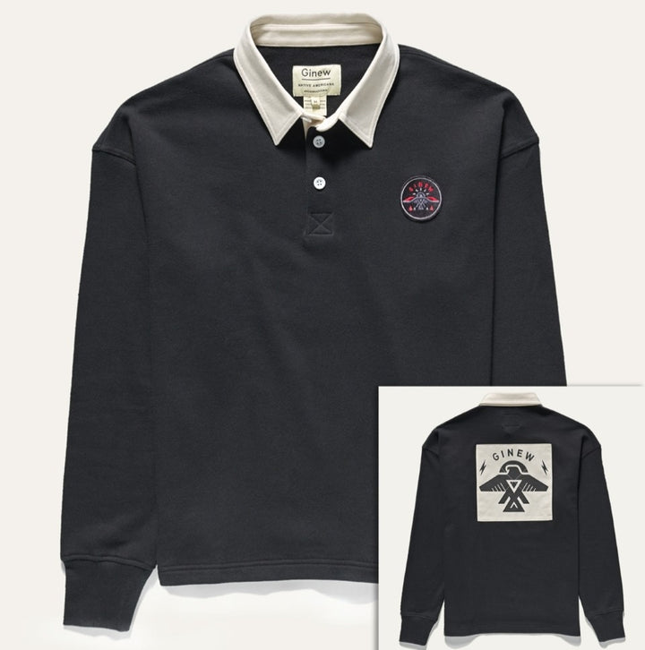 Front and back of black rugby with Native American Ojibwe Thunderbird on back