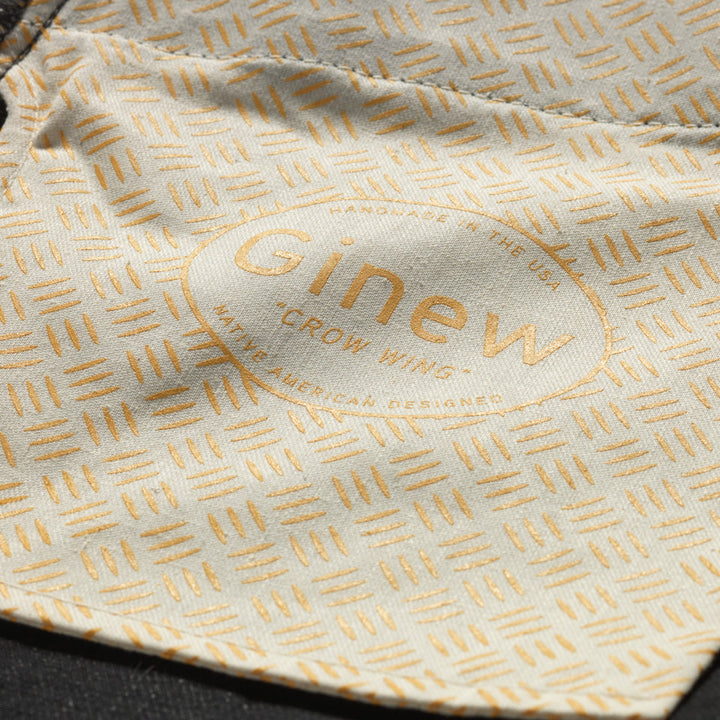 Custom Ginew pocket lining on Black selvedge denim jeans made in USA with Native American Ginew Leather Patch 
