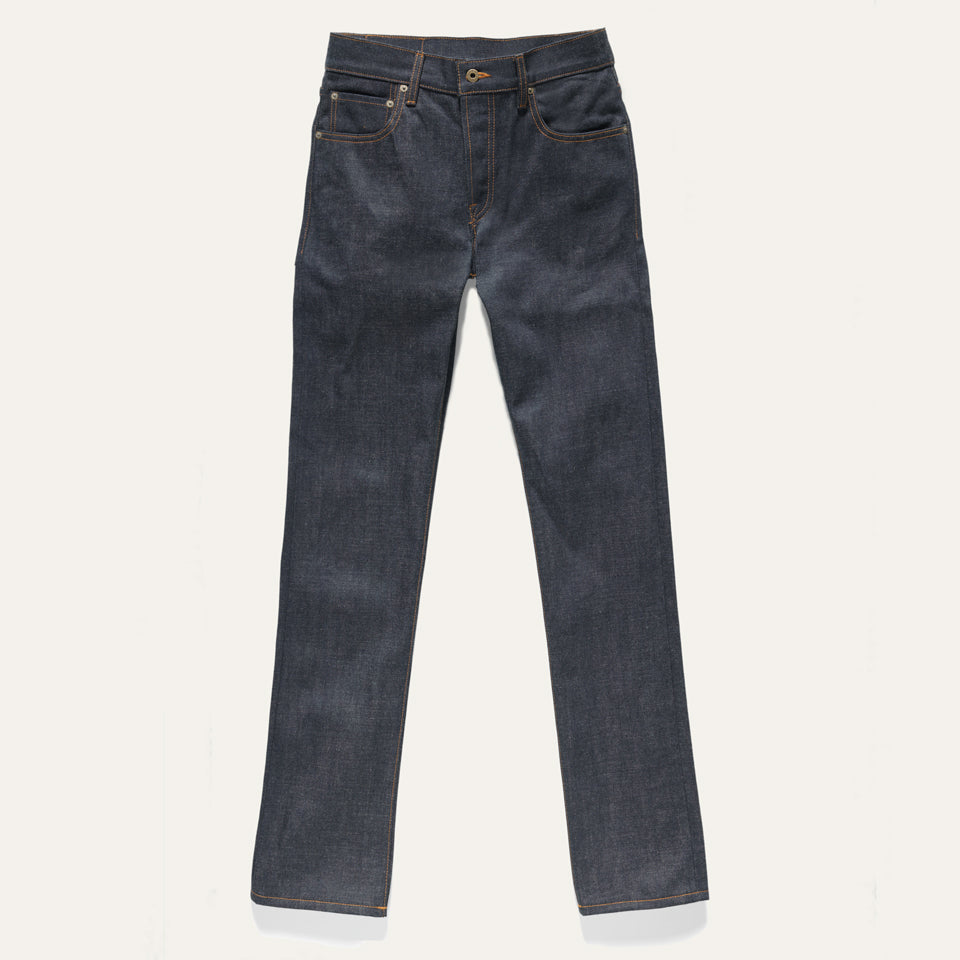Full length of Indigo selvedge Japanese denim jeans made in USA by Native American 