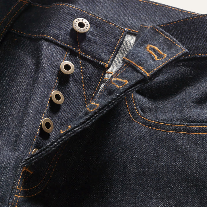 Button fly on Indigo selvedge Japanese denim jeans made in USA by Native American 