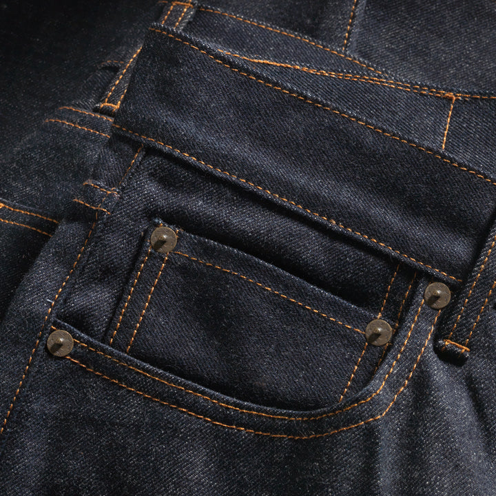 Rivets on Indigo selvedge Japanese denim jeans made in USA by Native American 