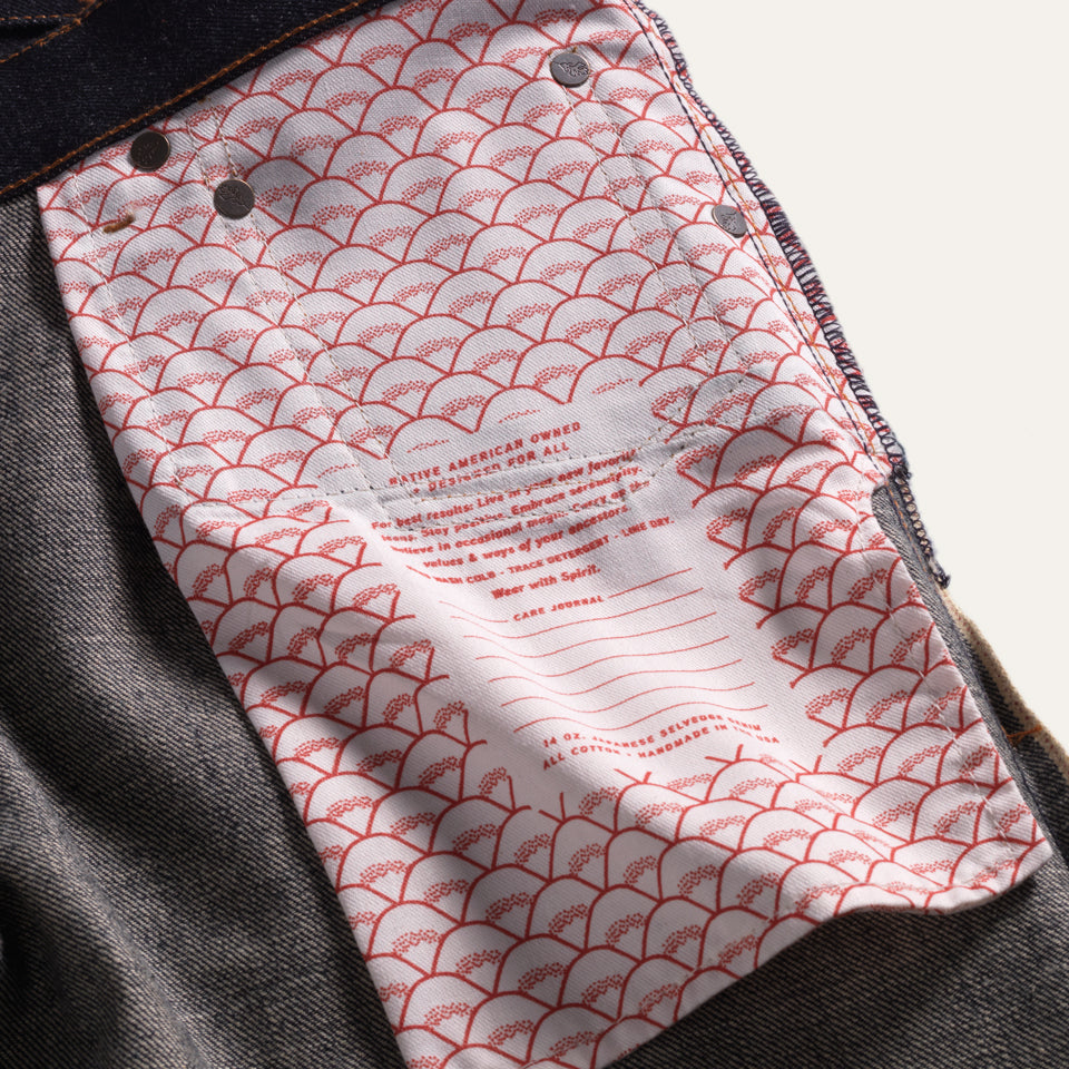 Care instructions on Indigo selvedge Japanese denim jeans made in USA by Native American 