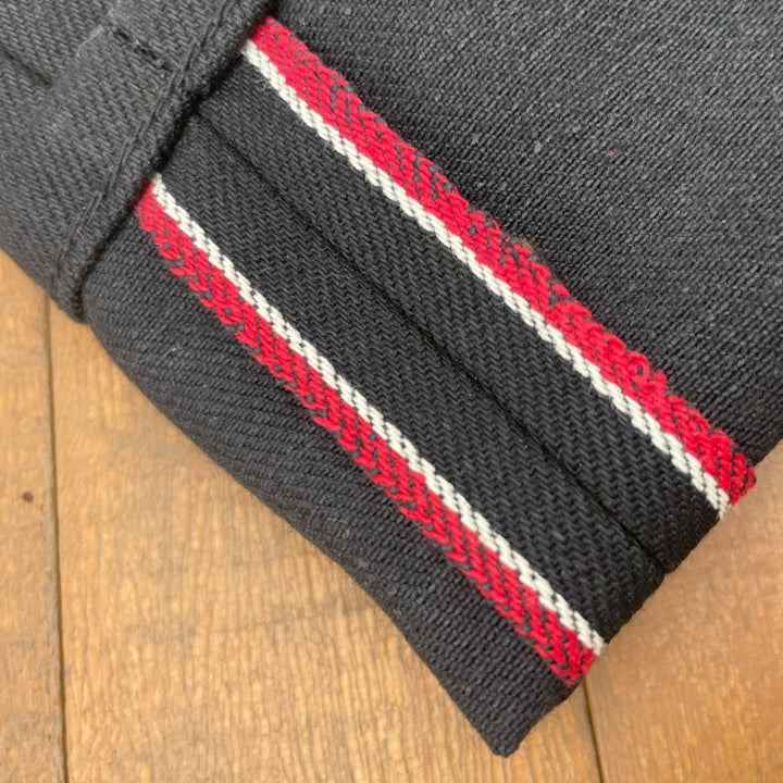 Red and white Selvedge ID on Black selvedge denim jeans made in USA with Native American Ginew Leather Patch 